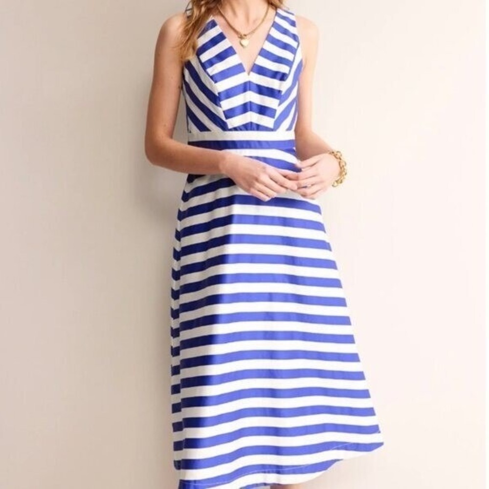 Boden Blue White Striped V-Neck Fit and Flare Midi Dress with Pockets Size 16R - Picture 13 of 14